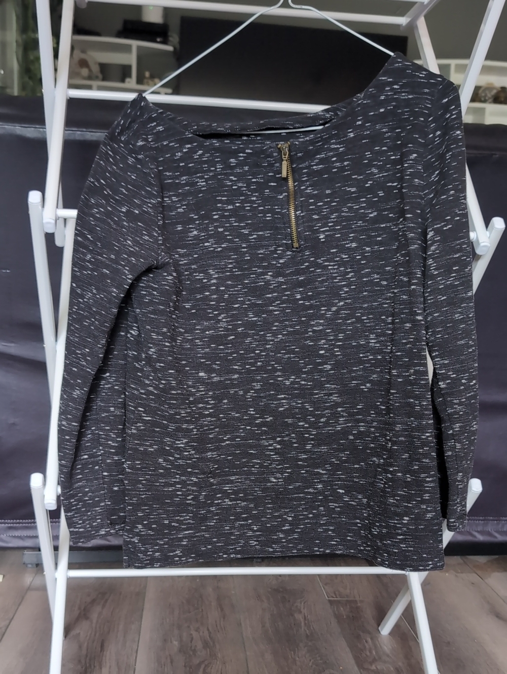 Women’s Black Speckled Long Sleeve Top with Zip Detail